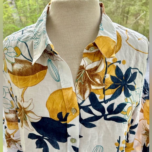 Chico’s No Iron Linen Shirt Size 16 Tropical Garden 3/4 Sleeve Gold NEW - Picture 4 of 14